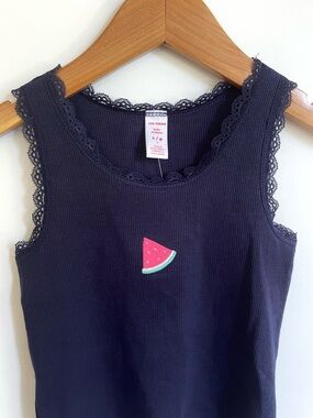 $5 💥NWT 🍉 Watermelon Tank Top, Navy Rib Knit, Lace Trim, Embroidery